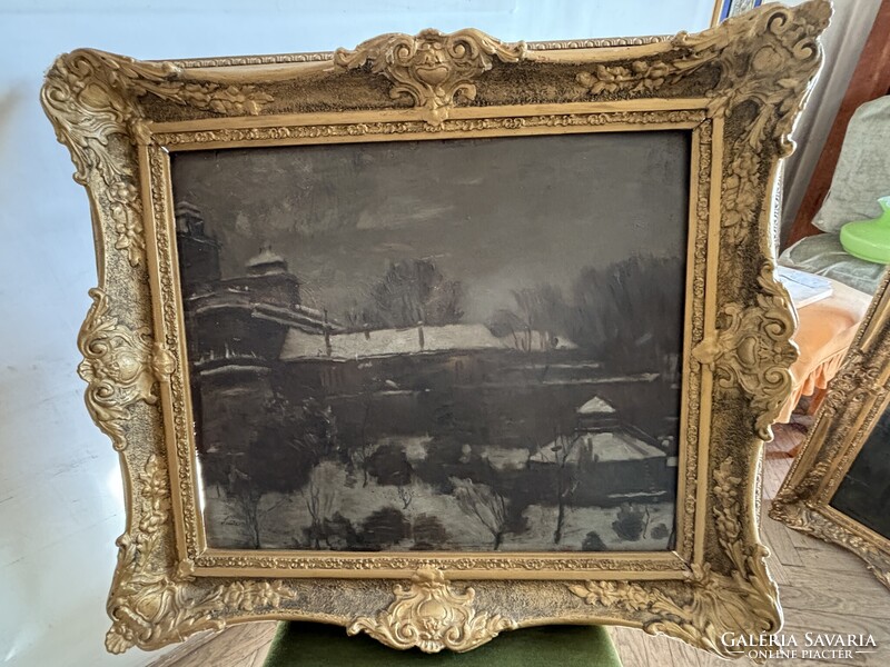 Szüle Péter (1916–1997): Téli városrészlet – eredeti olajfestmény, 50×60 cm, régi keretben