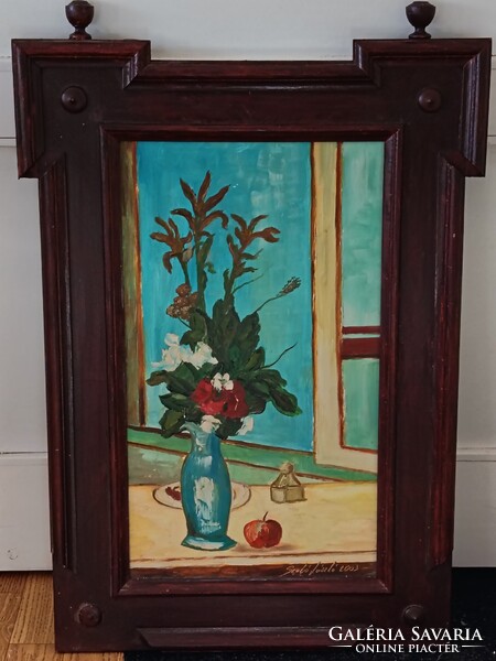 Szabó László , kék váza 38x58cm olajfestmény. Kisautó, játék csere is érdekel