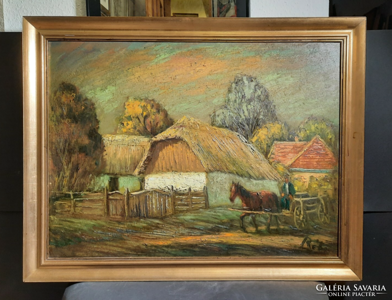 Réti Mátyás: Vidéki életkép (Teljes méret 70x90 cm) olaj, farost, hintó, ló