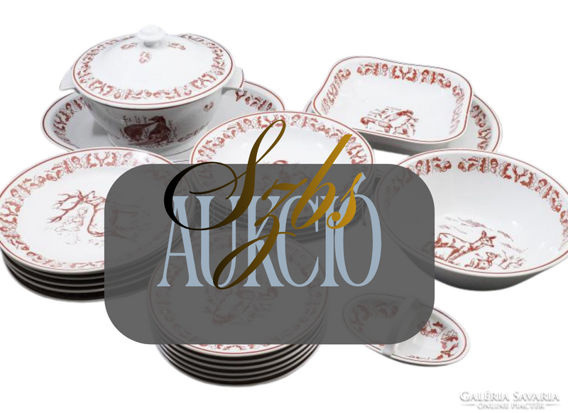 Zsolnay, 24 részes vadászmintás étkészlet – jelzett, teljes, vitrinből