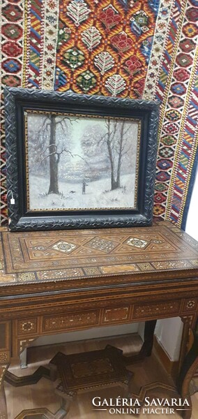 Téli táj vadász jelenettel. Olvashatatlan szignóval. 63x53 cm kerettel.