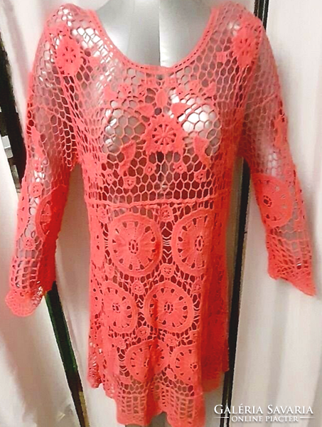 Szép gránátalma színű horgolt pamut csipke virágos mandalás hosszított női ruha tunika felső