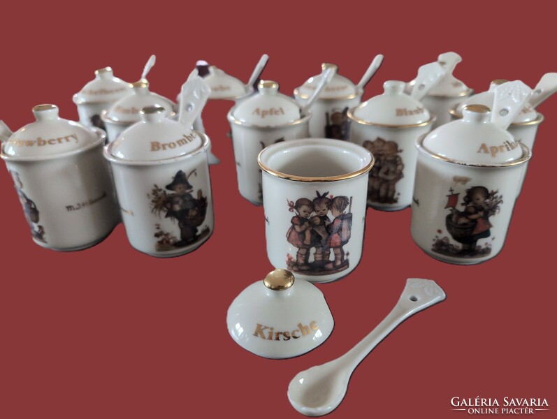 10 db Ritka Goebel/Hummel lekvár tartó edények, kanállal, recepttel!
