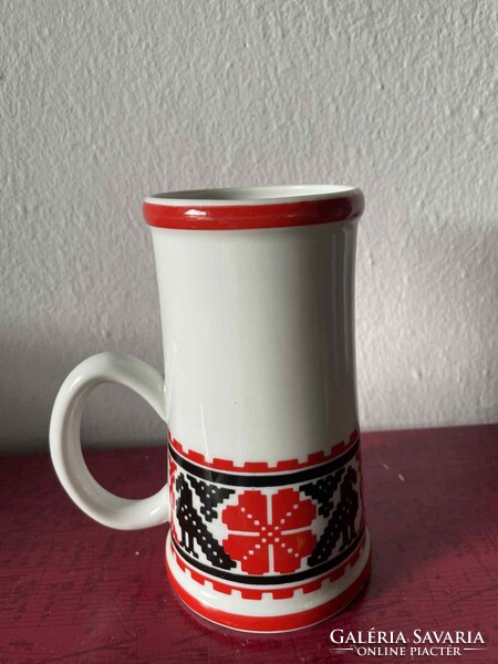 Hollóházi porcelán népi magyaros hímzésmintás madaras régi korsó