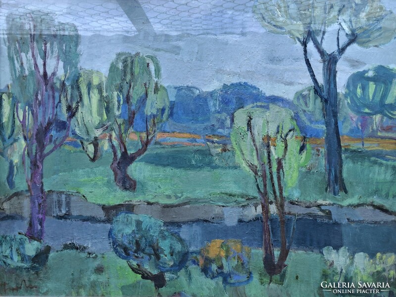 Farkas Lídia (1910-1985) Táj... Olaj/farost,  60x80cm,  plusz keret!  Képcsarnok vállalat címke!