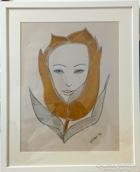 Prima díjas művésztől aranyozott rajz. 53x43cm.-es külső méret.Tulipánlány.Károlyfi Zsófia/1952