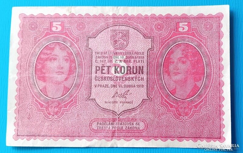 Csehszlovák 5 Korona Korun 1919 évi