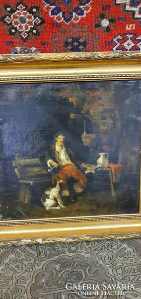 Olvashatatlan szignóval ellátott csodaszép olaj-vászon korabeli festmény. 54x57 cm kerettel.