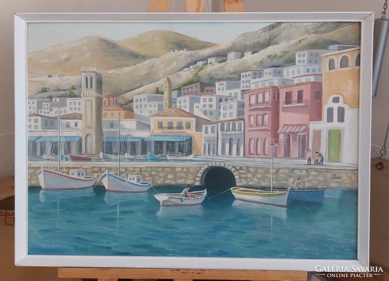 Posta József szép kikötő festménye  73x52 cm kerettel