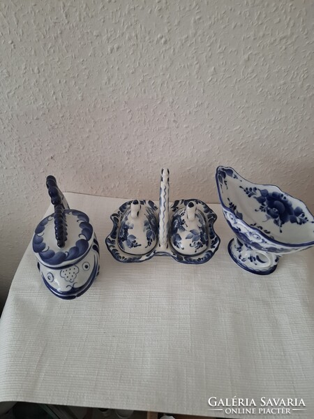 3 db orosz GZHEL népi kézműves halkináló, só/borstartó szett, asztalközép, gyümölcs- kaviár tartó