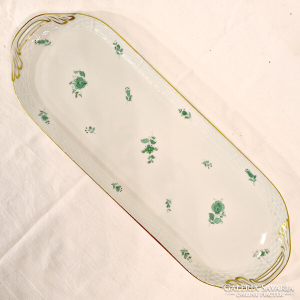 Herendi zöld virág mintás porcelán tálca, szendvics tálca, desszert tálca (2x49,5x17,5) (121.)