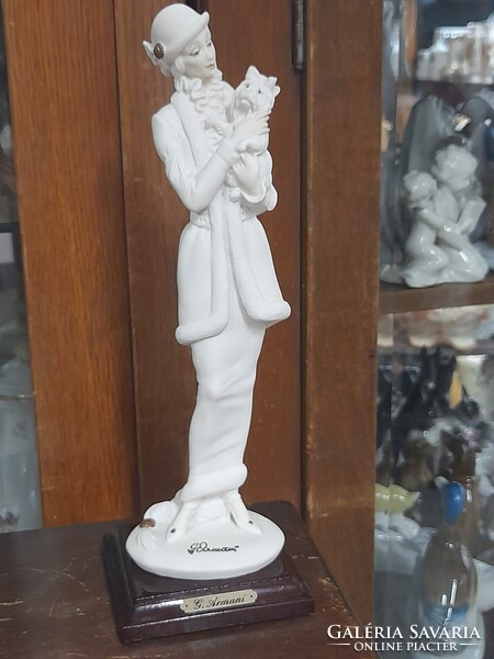 Art Deco Capodimonte Giuseppe Armani 1987 Florence Úri Hölgy Kutyával Szobor,Fa Talapzaton.26 cm.