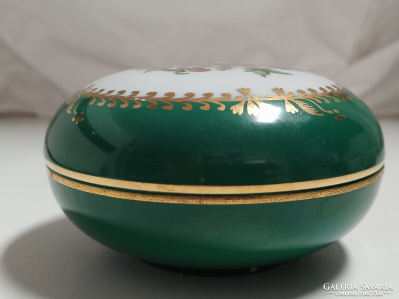 Ritkább Herendi porcelán zöld fond festésű bonbonier, ékszertartó - 7 x 12 cm