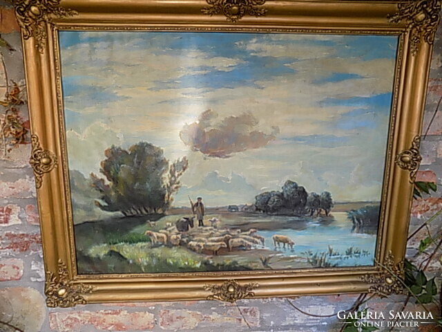 Olaj vászon festmény. Szignózott. A keret és a kép restaurált. Mérete: 95 x 75 cm.