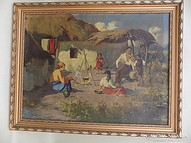 Festmény: " Cigány család " -Breszta Eszter (?). Olaj-vászon, 1940-50-es évek.