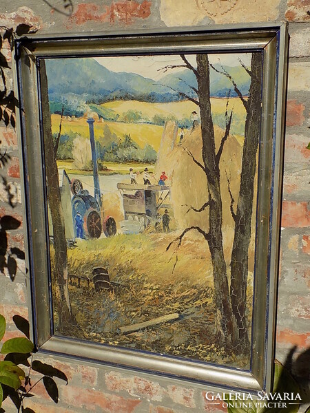 Tihanyi János Lajos: Cséplés. Olaj-vászon eredeti állapotban, 1930-40-es évek.