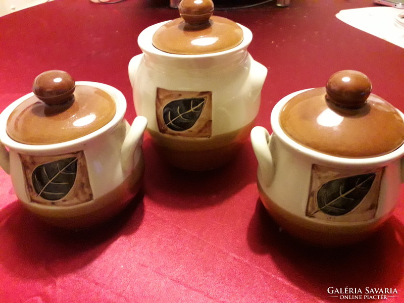 Kerámia 3 részes fedeles füles tároló edények 1 nagyobb 2 kisebb hibátlan
