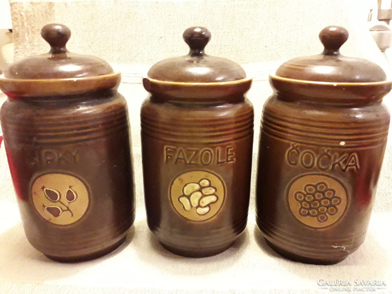 Kerámia barna 3 részes fedeles füles tároló edények egyformák 20x13cm. egyben.