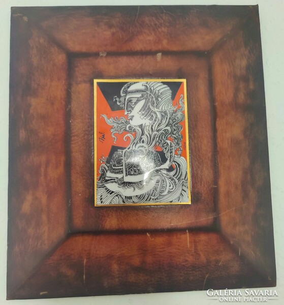 Szász Endre Hollóházy Porcelán fali kép bőr keretben