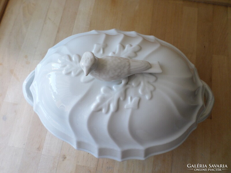 Herendi fehér porcelán leveses tál madaras fogóval