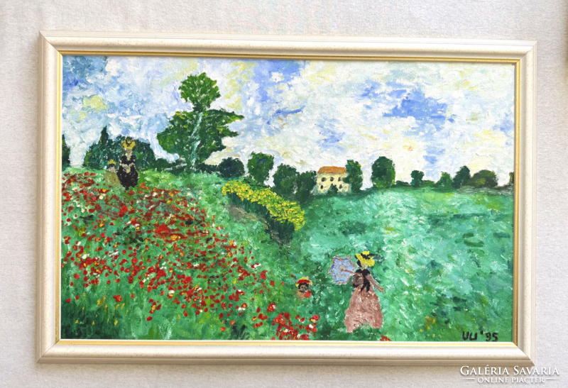 Nagyméretű, kézzel festett impresszionista olajfestmény (Monet: Pipacsok másolat) – Hibátlan!