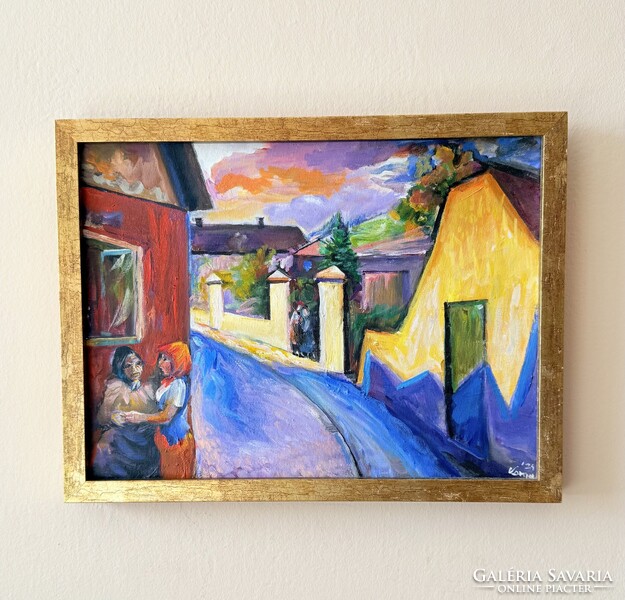 Varga J.: Hangulatos utcarészlet (2024) – Olaj, vászon festmény 30x40 cm, igényes keretben
