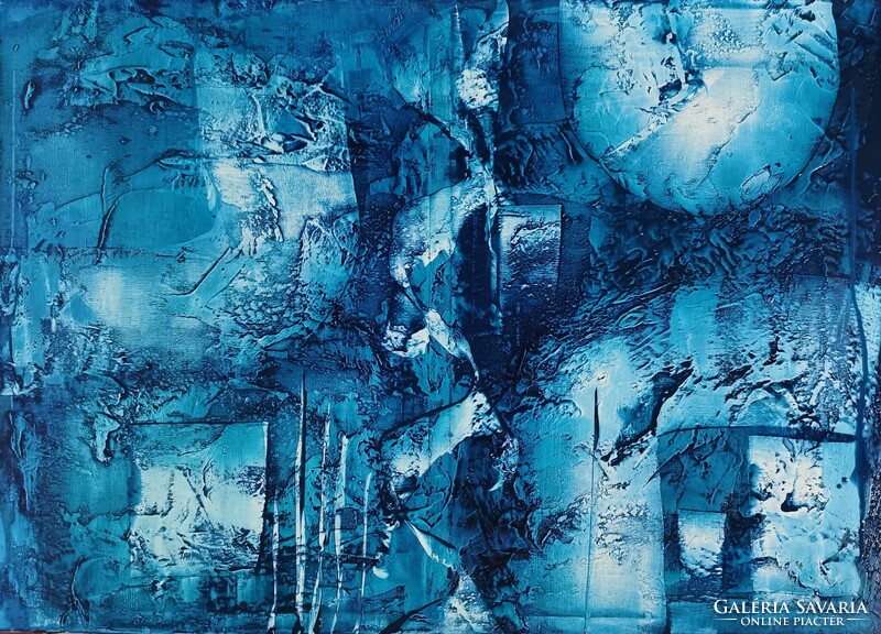 Baján Ildikó festmény 50 x 70 cm. Csak kék és más semmi.