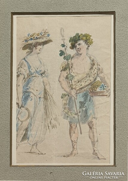 Bacchus és Ariadné. XVIII-ik század, antik akvarell festmény. Francia iskola.