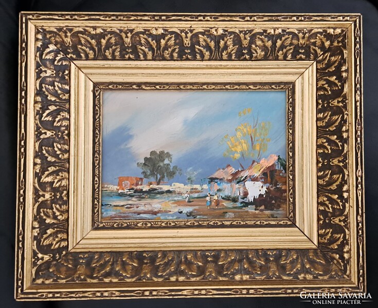 Jelzett (Vojnits Richárd?) olaj festmény dekoratív fakeretében