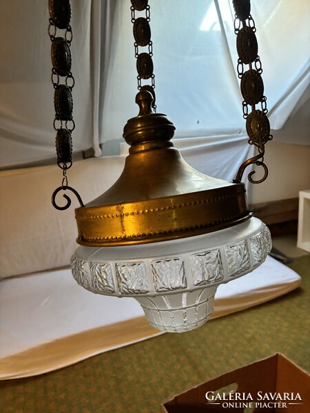 Antique polished glass lampshade bourgeois copper chandelier, perhaps Art Nouveau or Art Deco!