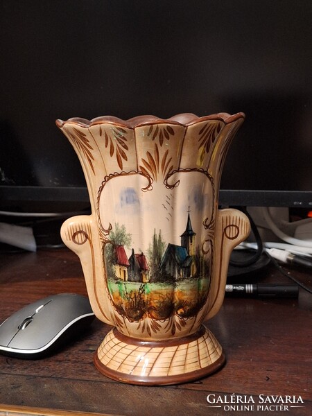 XVIII sz. FRANCIA   KÉZZEL FESTETT TÁJKÉPES  FAJANSZ VÁZA OLCSÓN!