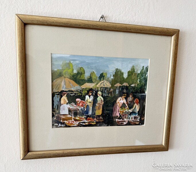 Dinamikus piaci életkép – Hangulatos, 20. századi festmény, szignózott (21x15 cm)