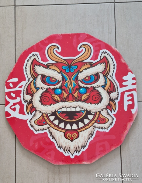 Nagy színes kínai oroszlántáncos maszk, 60x60 cm, falra akasztható.