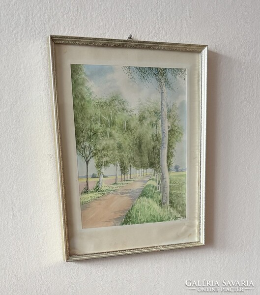 Hangulatos vidéki tájkép fasorral, jelzett akvarell festmény (29x36 cm)