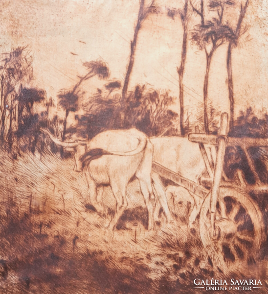 AKCIÓ! CSAK 7 EZER FT: Komjáti-Wanyerka Gyula - Ökrösszekér rézkarc, 1921 - paraszti kép, állatok