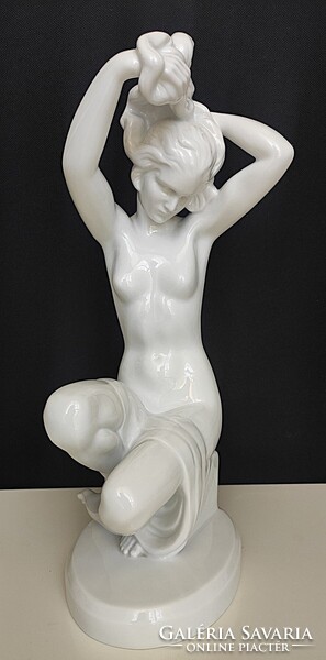 Herendi Art Deco női akt – Lux Elek szignózott porcelán szobor, 37 cm