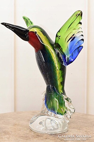 Nagyméretű Murano stílusú üveg kolibri – lenyűgöző színek, 24,5 cm, 1,55 kg