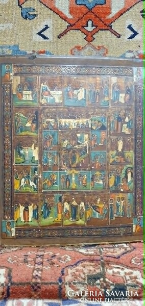 Antik Ünnepi  Pravoszláv Ikon. 16 ünnepet ábrázol. Gyönyörűen megfestve.  .45x53 cm.