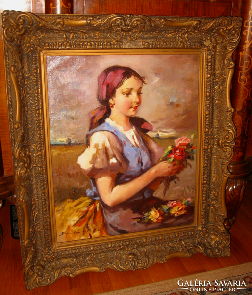 TAVASZI AKCIÓ!  CSODÁS  EREDETI  BENDÉNÉ KOVACSEV FRIDERIKA / 1891-1975/ : KISLÁNY VIRÁGOKKAL