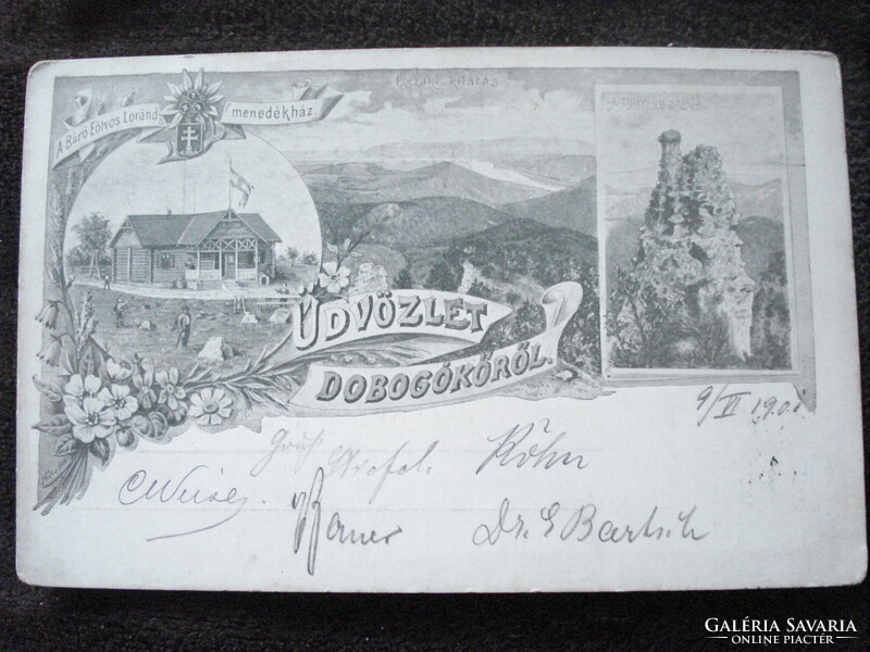 Dobogókő Eötvös L. menedékház bélyegzés, 1901. mozaiklap, autográf aláírások pl. Barts Ödön