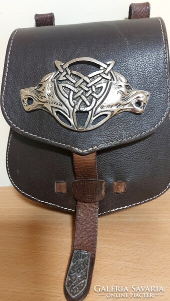 GENUINE LEATHER BEAUTIFUL POUCH , SHOULDER BAG , BELT BAG WITH WOLF SYMBOL