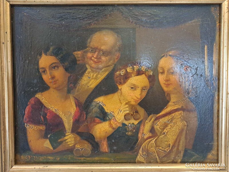 Eredeti antik (1850-1890) színház opera erkély vagy páholy jelenet olaj karton festmény