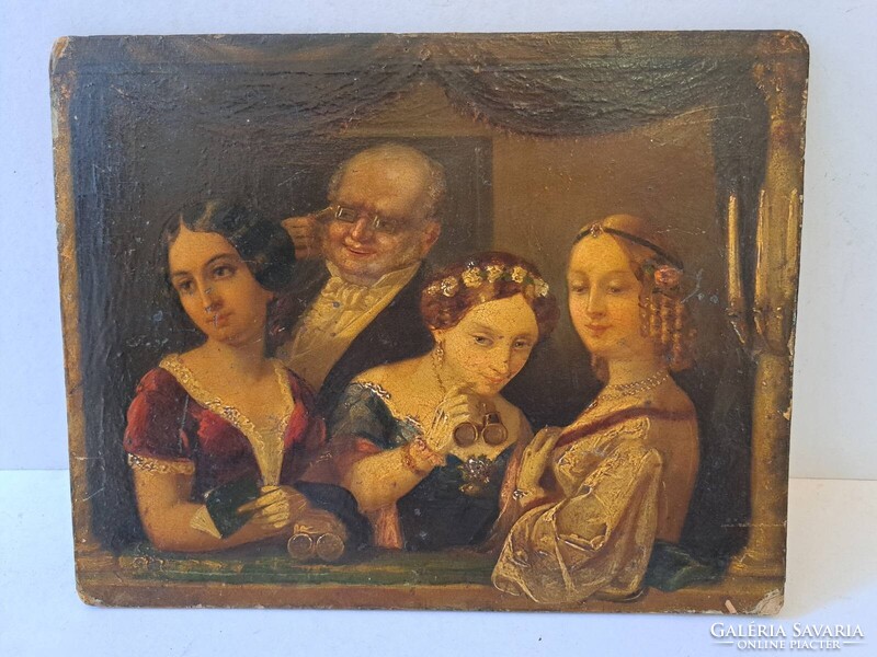 Eredeti antik (1850-1890) színház opera erkély vagy páholy jelenet olaj karton festmény