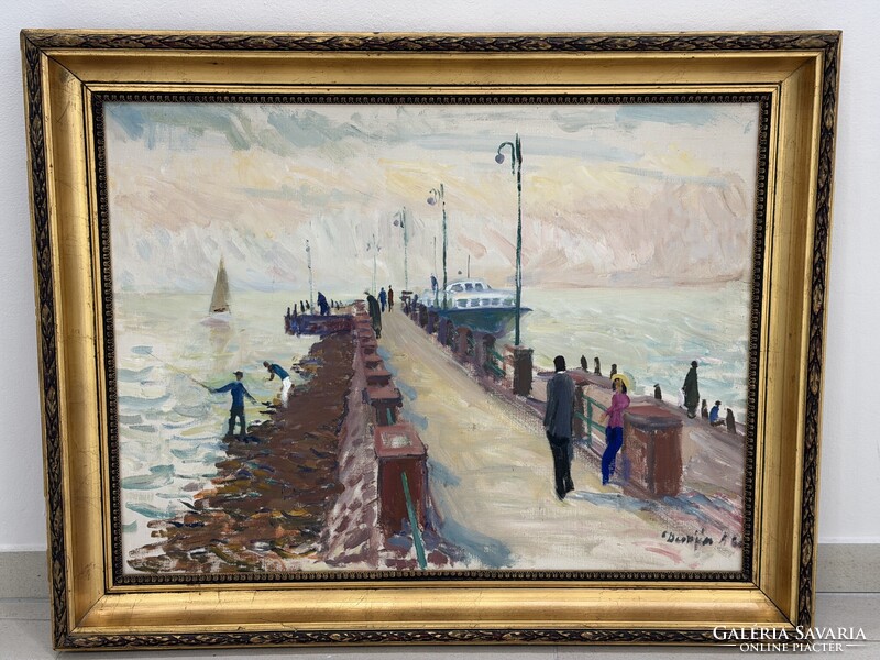 Demjén Attila Balaton vízpart móló szocreál életkép hajó vitorlás modern festmény