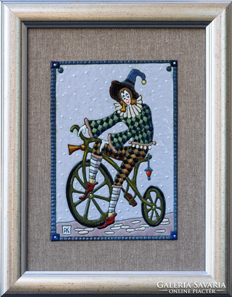 Alex Kabanov – „Harlekin kerékpáron”  (tűzzománc, 10 × 8 cm) - ajándéknak is ajánlom.