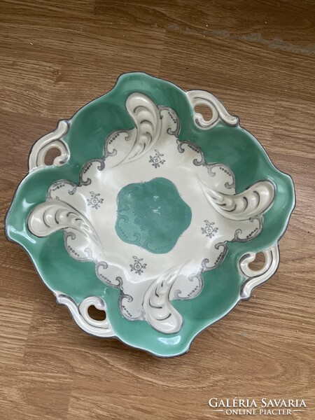 Antik áttört zöld ezüst porcelán kínáló,