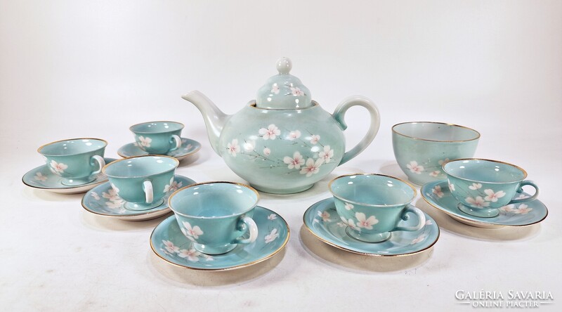 BAKOS ÉVA JELZÉSSEL, KÉZZEL FESTETT PORCELÁN TEÁS KÉSZLET HERENDI CSÉSZÉKKEL, HIBÁTLAN (A054)