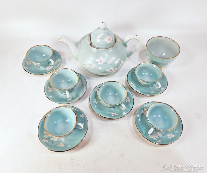 BAKOS ÉVA JELZÉSSEL, KÉZZEL FESTETT PORCELÁN TEÁS KÉSZLET HERENDI CSÉSZÉKKEL, HIBÁTLAN (A054)