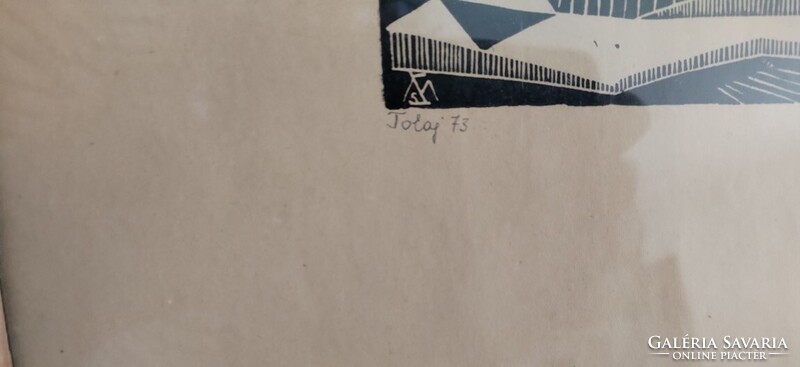Ritka szignózott Makray Zsuzsa linómetszet Tokaj 1973 - 37x30 cm kerettel