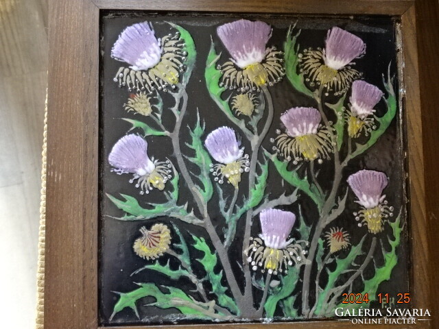 PRÁCSERNÉ HORVÁTH ÉVA : TŰZZOMÁNC FALIKÉP " LILA BOGÁNCS" 20x20 CM !!!